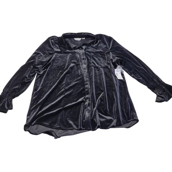Caffe Marrakesh Black velvet peasant sleeve swing blouse button down tunic top - Picture 1 of 6